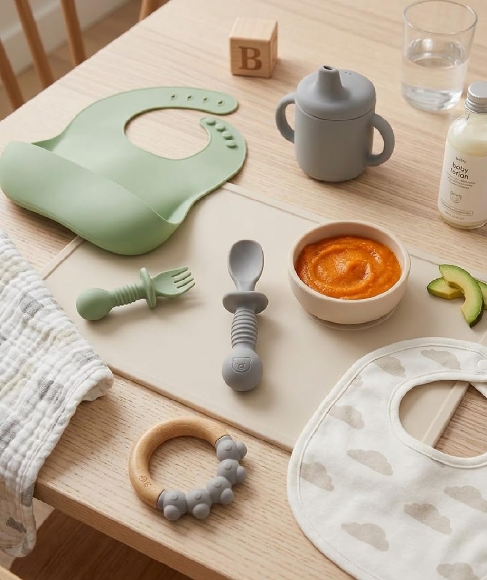 UCRAVO Silicone Baby Spoon Fork Set for Self Feeding | BPA Free Baby Training Utensils | Anti Choke Guard Baby Feeding Spoon & Fork | Baby Led Weaning Utensils for Infants Toddlers Kids (Grey)