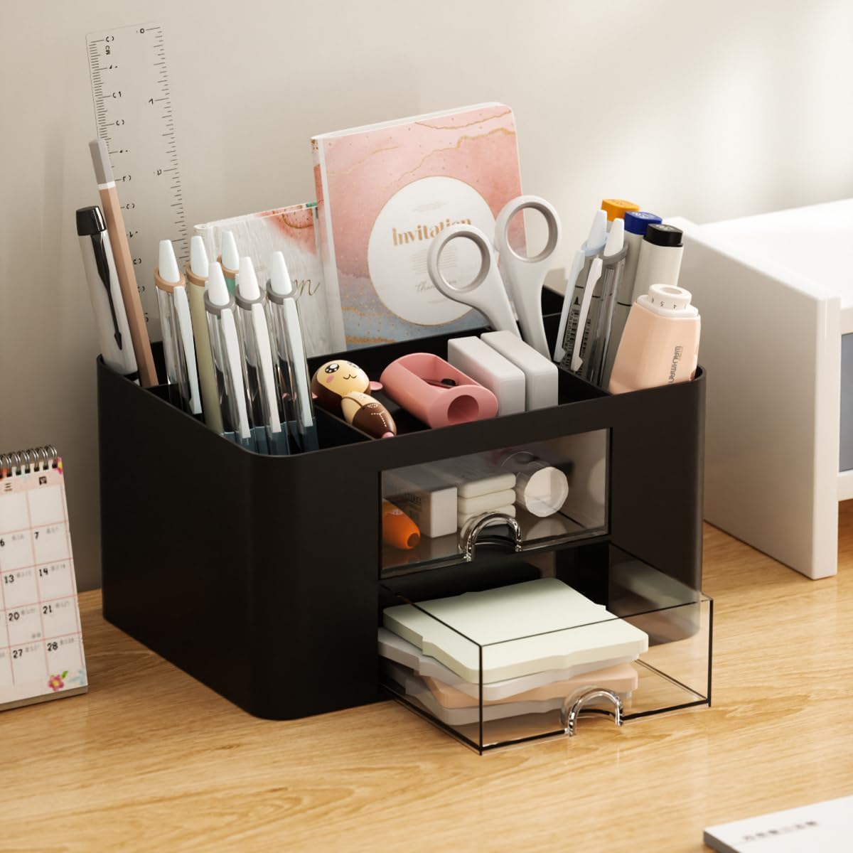 UCRAVO Multi-Functional Desk Organiser with 5 Compartments and 2 Drawer Desktop Office Supplies Stationery Storage Box Cosmetic Organizer for Ballpoint Pens Staplers Clips Sticky Notes - White