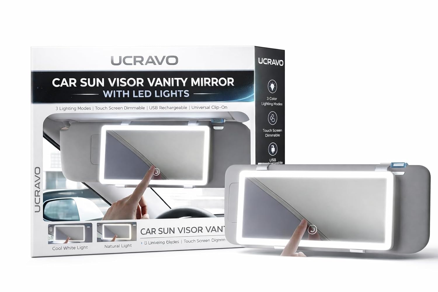 UCRAVO Car Sun Visor Vanity Mirror with LED Lights,Extra Large HD Lighted Makeup Mirror for Car,3 Color Modes (Cool White, Natural,Warm),Touch Sensor Dimmable,Universal Clip-On Mirror for Women & Men