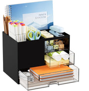 UCRAVO Black Desk Organizer with 3 Drawer, Multi-Functional Pencil Pen Holder for Desk, Desk Organizers and Accessories with 8 Compartments, Desktop Organizer Storage for Office Home Art Supplies