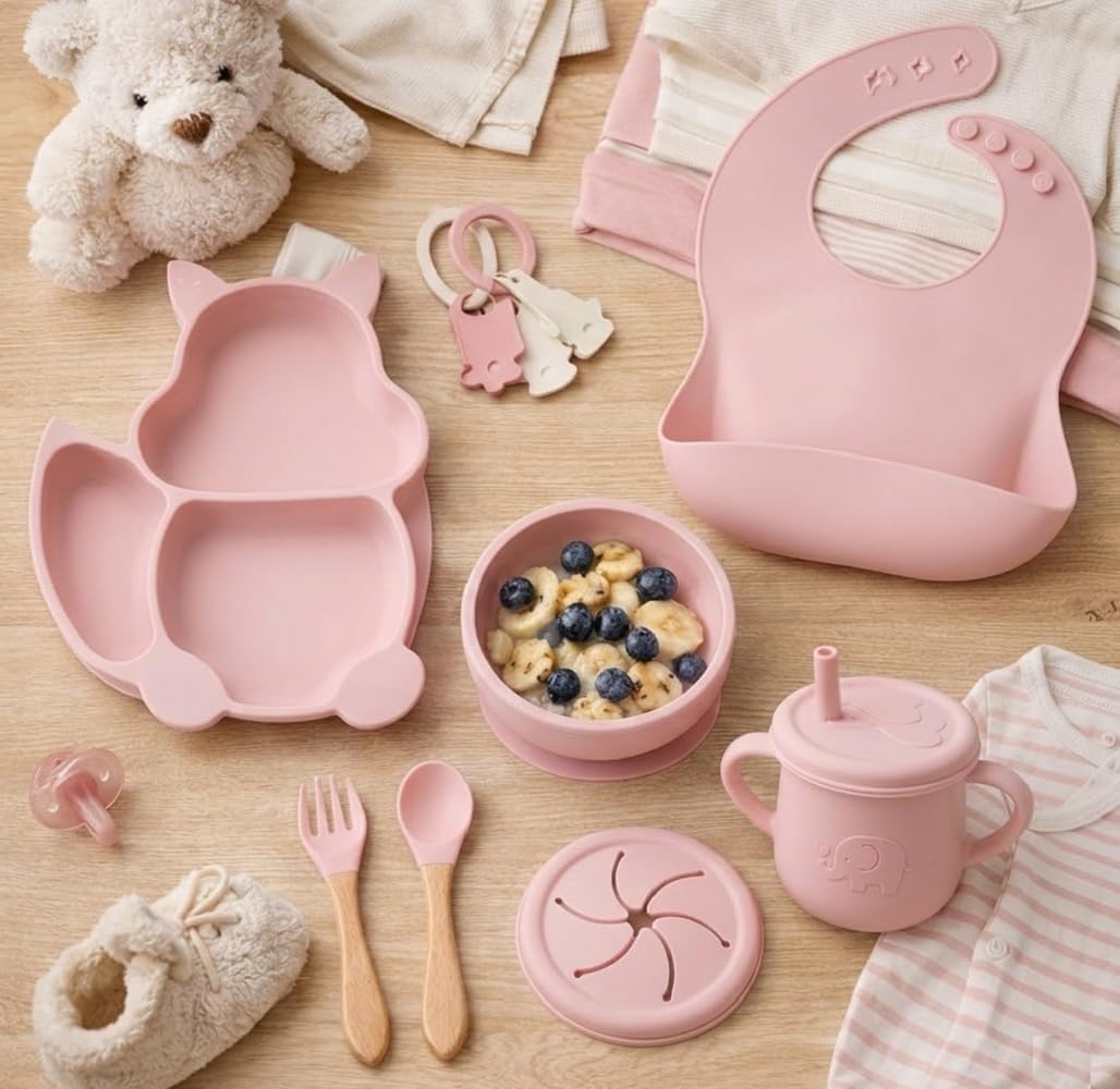UCRAVO Pink Silicone Baby Feeding Set for Baby Girls 6 PS Baby Led Weaning Kit with Bowl & Animal Shape Divided Plate,Adjustable Food Catcher Bib,Leak Proof Straw Sippy Cup,Soft Silicone Spoon & Fork