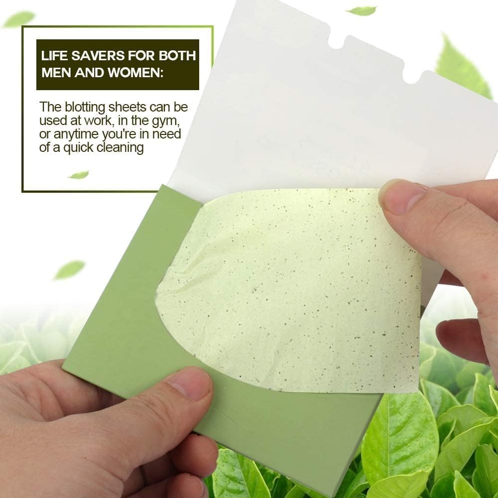 UCRAVO Green Tea Infused Premium Oil Blotting Sheets 100 Pcs Thick Facial Oil Absorbing Papers for Oily Skin Instant Shine Control, Acne & Pore Care Makeup Face Blotting Paper with Portable Dispenser