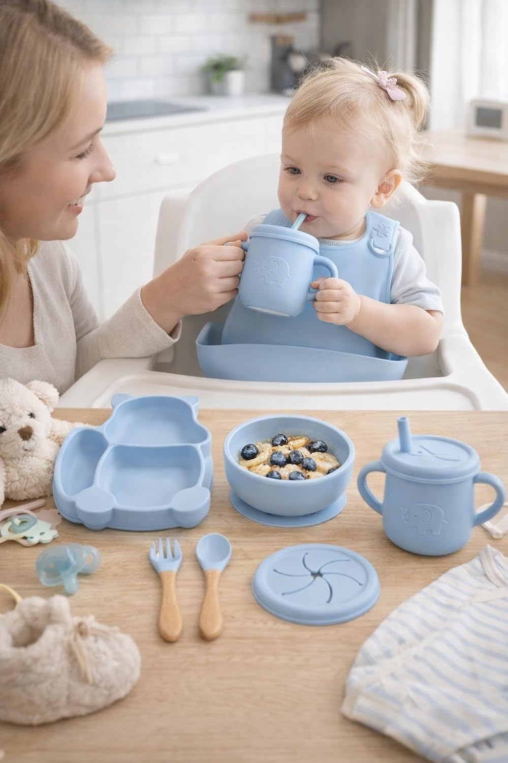 UCRAVO Blue Silicone Baby Feeding Set for Boys & Girls Baby Led Weaning Supplies with Suction Bowl and Divided Plate, Adjustable Silicone Bib,Leak Proof Straw Training Sippy Cup,Soft Tip Spoon & Fork