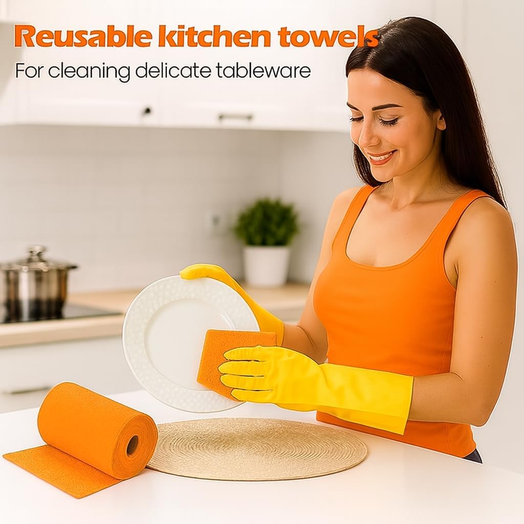NESTVORA Reusable Microfiber Cleaning Cloth (1 ROLL, 50 Sheet, Orange), Home Reusable Towel, Micro Fiber Cleaning Cloth for Kitchen, Kitchen Cleaning Towel, Cleaning Wipes Roll