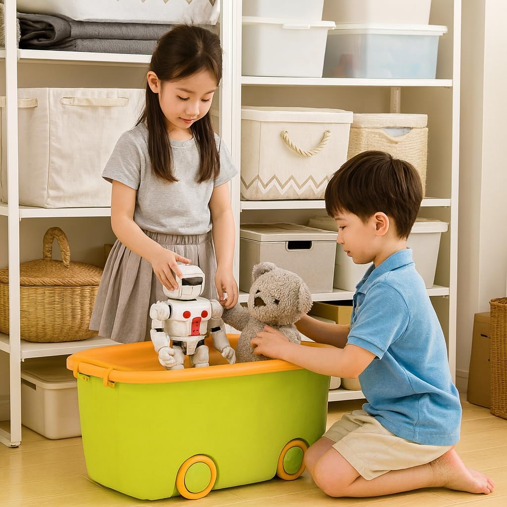 UCRAVO 45L Rolling Toy Storage Box with Wheels & Lid – Large Kids Storage Organizer, Stackable Plastic Storage Bin, Multi-Purpose Toy Container for Bedroom, Playroom & Home Organization