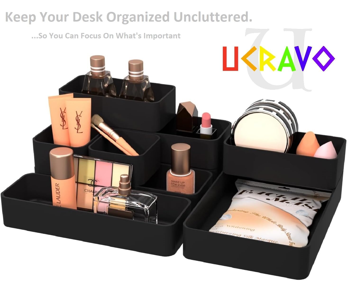 UCRAVO 16 PCS Black Desk Drawer Organizer Set for Office,Home,Kitchen & Makeup Multi-Size Plastic Drawer Dividers for Stationery,Cosmetics,Utensils Storage Trays for Neat, Tidy & Clutter-Free Drawers