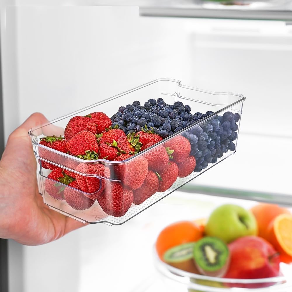 UCRAVO Refrigerator Storage Bins for Kitchen Organization 4 Clear Plastic Fridge Basket with Easy Grip Handle Multipurpose Stackable Pantry Containers for Vegetables, Fruits, Packets & Food Items