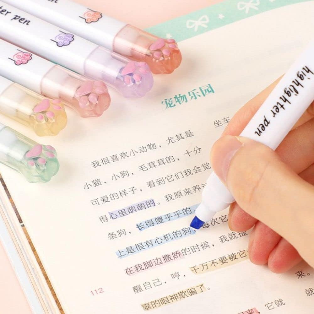 UCRAVO Cute Cat Paw Highlighter Set 6 PCS Single Tip Pastel Highlighter Pens Kawaii Aesthetic Stationery for Students Girls Kids Mild No Bleed Marker for School Supplies,Art Supplies Gift Set