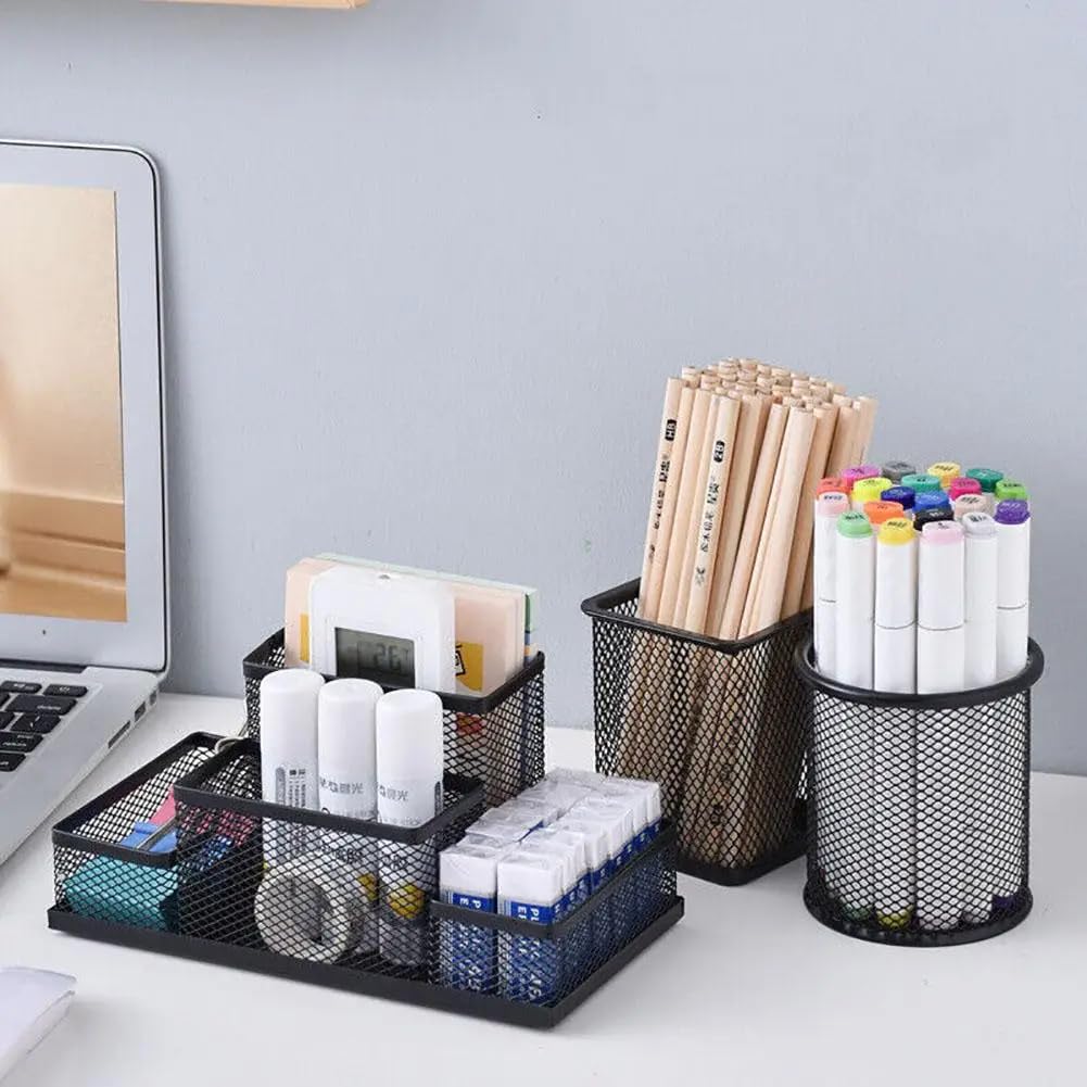 UCRAVO Black Round Mesh Pen Stand, Pencil Holder, Pen Organizer for Desk, Pen Cups, Stationary Storage Stand, Makeup Brush Holders, Pen, Pencil Holder for Office Home and Study Table
