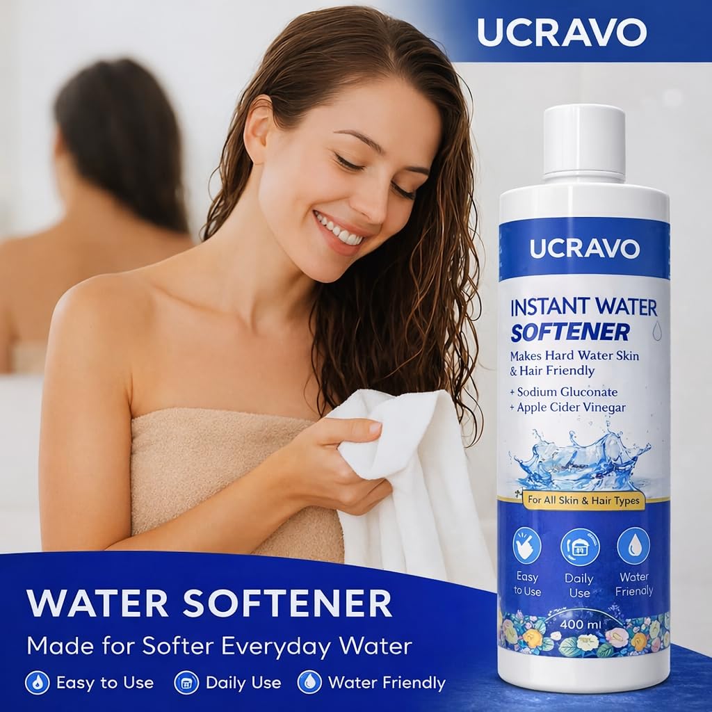 UCRAVO Instant Water Softener for Hard Water Shower Hair &Skin Friendly pH Balanced Formula with Sodium Gluconate & Apple Cider Vinegar Reduces Hair Fall,Dandruff,Dry Skin & Itching Skin & Hair Types