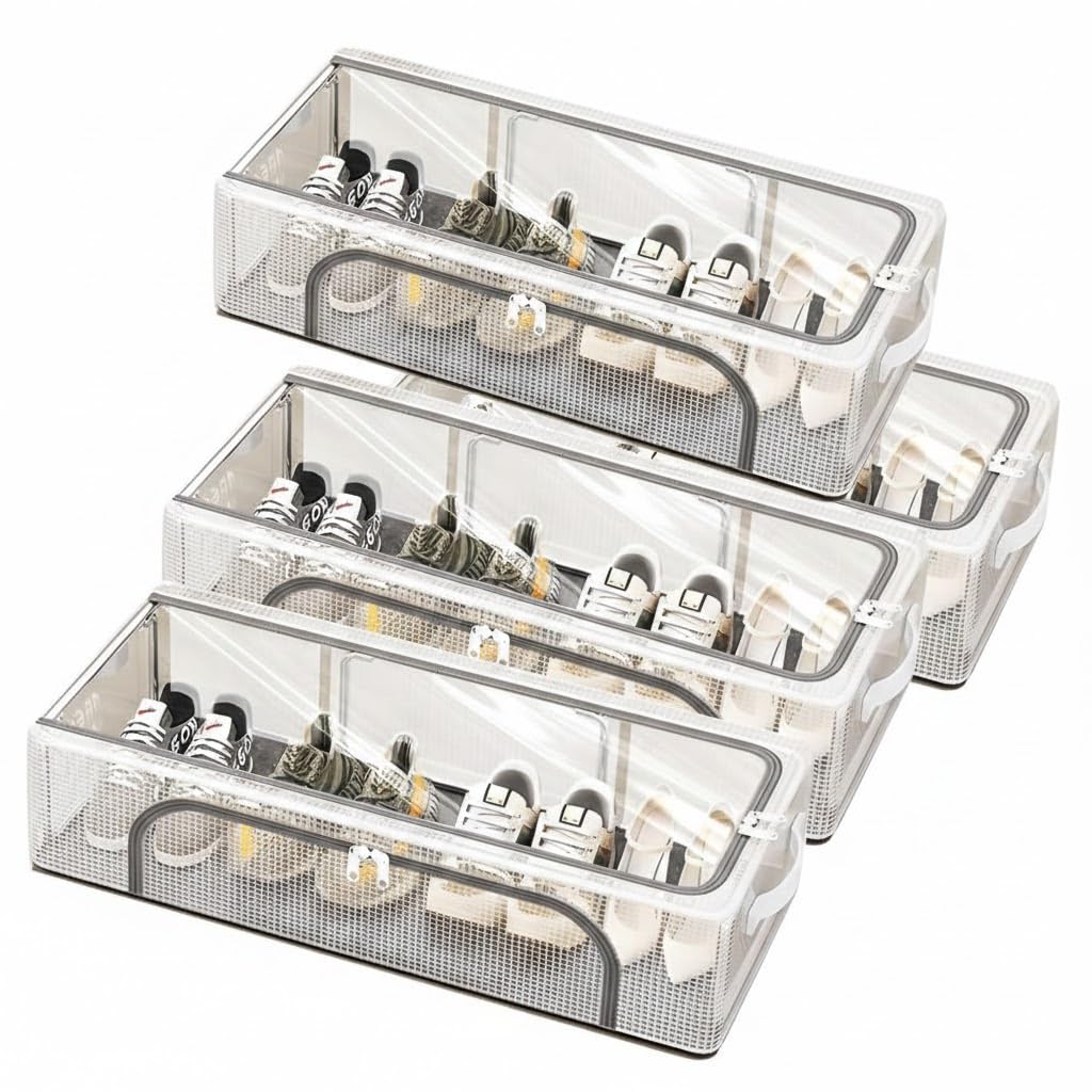 UCRAVO 27 L Stackable Shoe Storage Boxes, 4PCS Foldable Shoe Organizer Bins with Lid & Clear Front, Closet Shoe Containers for Bedroom, Hallway & Under Bed Clear Front Storage Bins