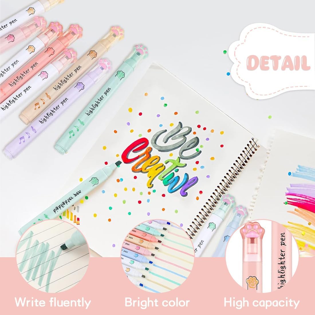 UCRAVO Cute Cat Paw Highlighter Set 6 PCS Single Tip Pastel Highlighter Pens Kawaii Aesthetic Stationery for Students Girls Kids Mild No Bleed Marker for School Supplies,Art Supplies Gift Set