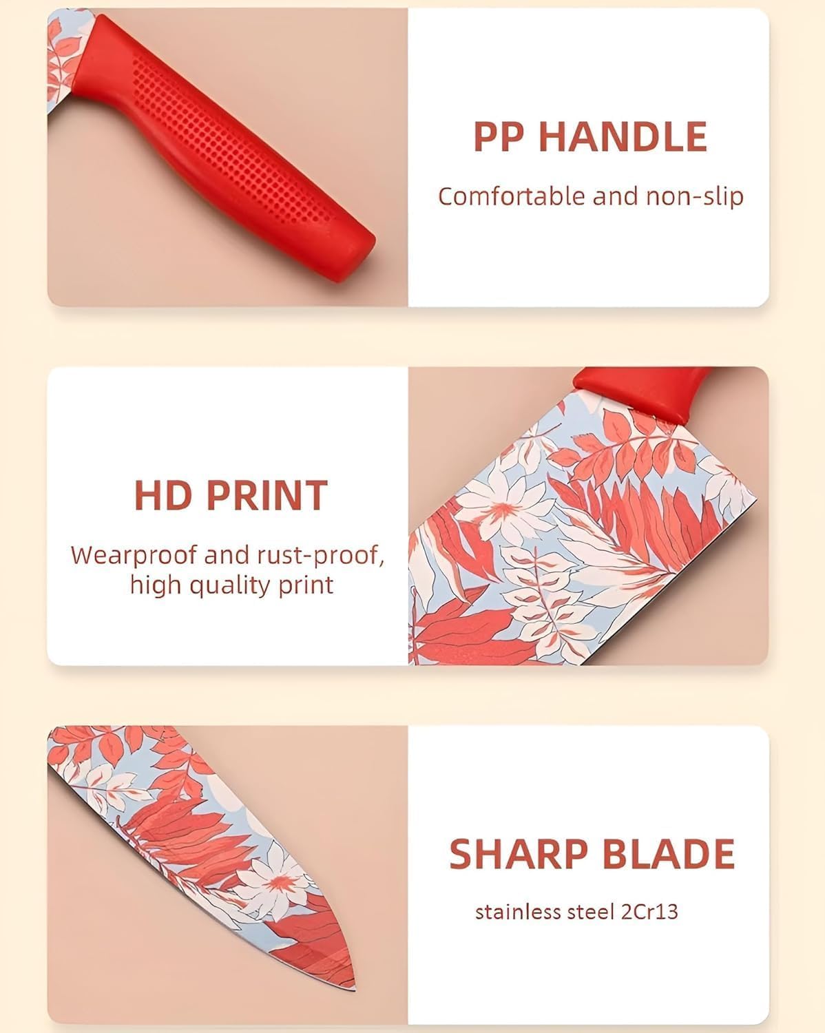 UCRAVO 3-Pcs Red Kitchen Knife Set with Floral Printed Blades Ultra Sharp Stainless Steel Knives | Chef Knife + Paring Knife + Cleaver | Non-Slip Grip |Multipurpose Cooking Knives for Home & Kitchen