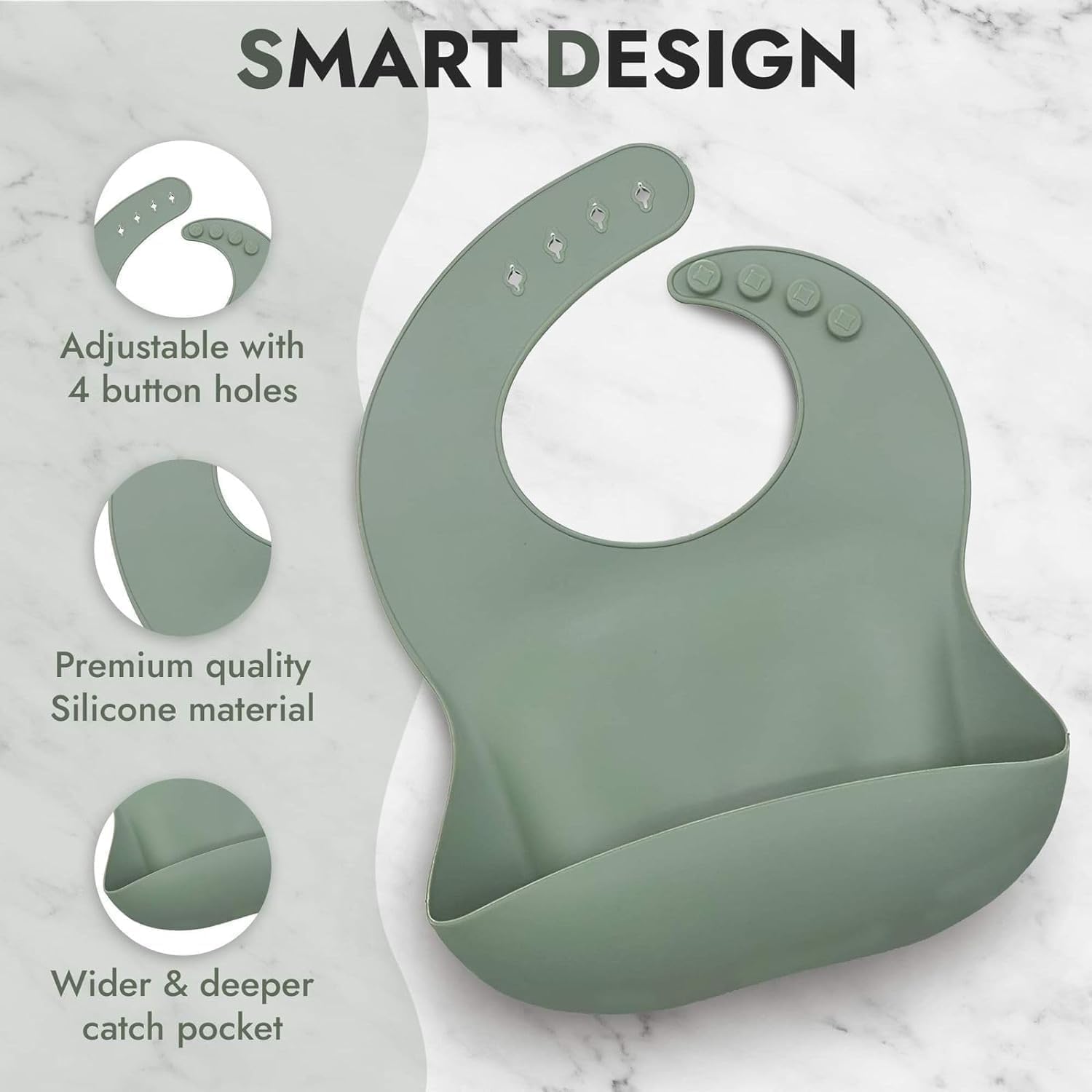 UCRAVO Silicone Baby Feeding Bib with Food Catcher Pocket – Waterproof & Adjustable Toddler Bib – Soft BPA Free Silicone – Dishwasher Safe – Reusable Weaning Bib for Babies & Toddlers (Green)