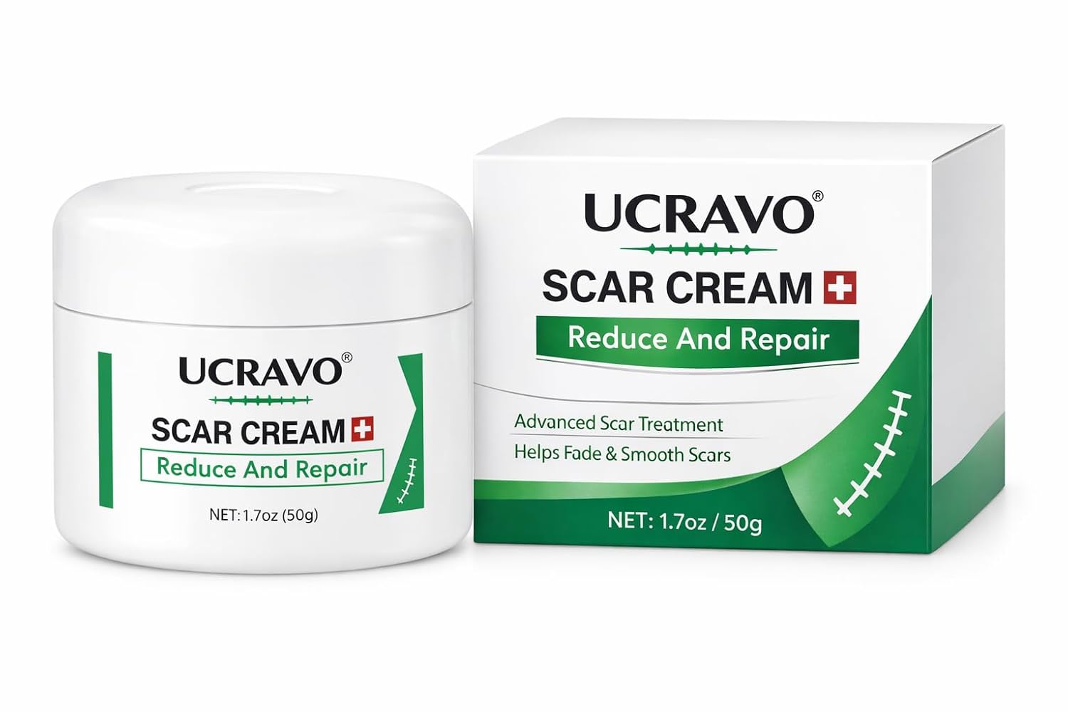 UCRAVO Scar Cream for Face & Body Advanced Scar Removal Cream for Old & New Scars Acne Scars, Stretch Marks, Burn Marks, Surgical Scar Repair Cream Fast Absorbing Non Greasy Skin Repair Formula (50g)