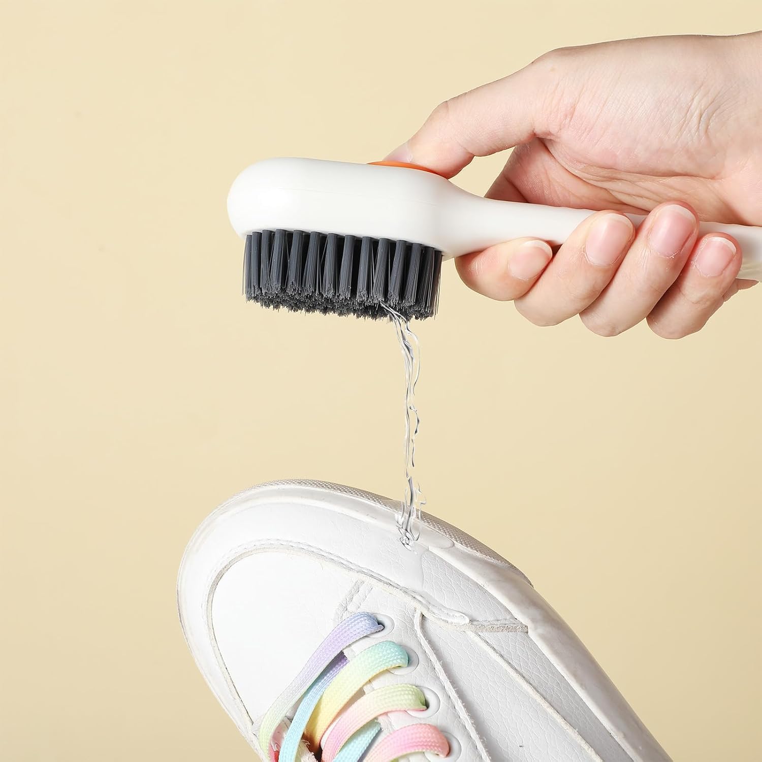 UCRAVO 2 Pieces Sneaker Cleaning Brush with Refillable Soap Dispenser | Professional Shoe Scrubber for White Canvas, Sports Shoes & Boots | Multi Surface Bathroom, Tile & Kitchen Cleaning Tool