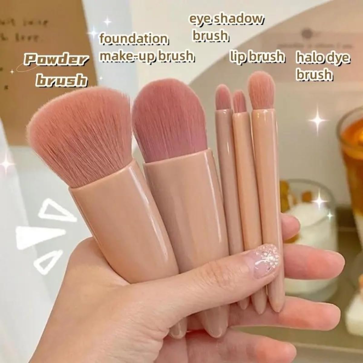 UCRAVO 5-in-1 Small Mini Makeup Brush Kit with Mirror – Compact Travel Cosmetic Set for Face, Eyeshadow, Blush, Powder & Lip Application – Portable Makeup Brush Kit for Women, Teens & Beginners