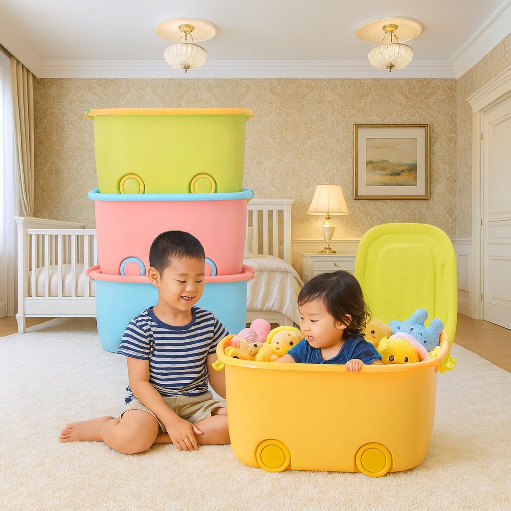 UCRAVO 45L Rolling Toy Storage Box with Wheels & Lid – Large Kids Storage Organizer, Stackable Plastic Storage Bin, Multi-Purpose Toy Container for Bedroom, Playroom & Home Organization