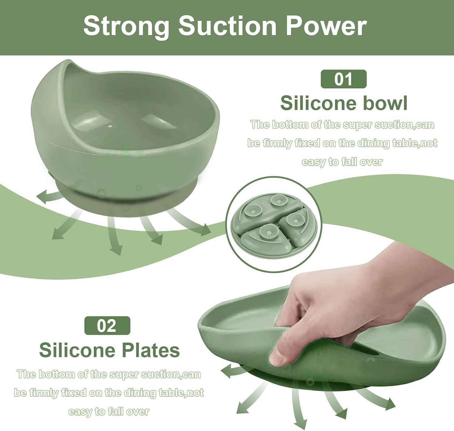 UCRAVO Baby Silicone Feeding Set Green 9PCS Baby Led Weaning Set with Adjustable Silicone Bib, Suction Divided Plate, Suction Bowl, Training Cup with Straw,Spoon Fork Set,BPA Free Toddler Feeding Set
