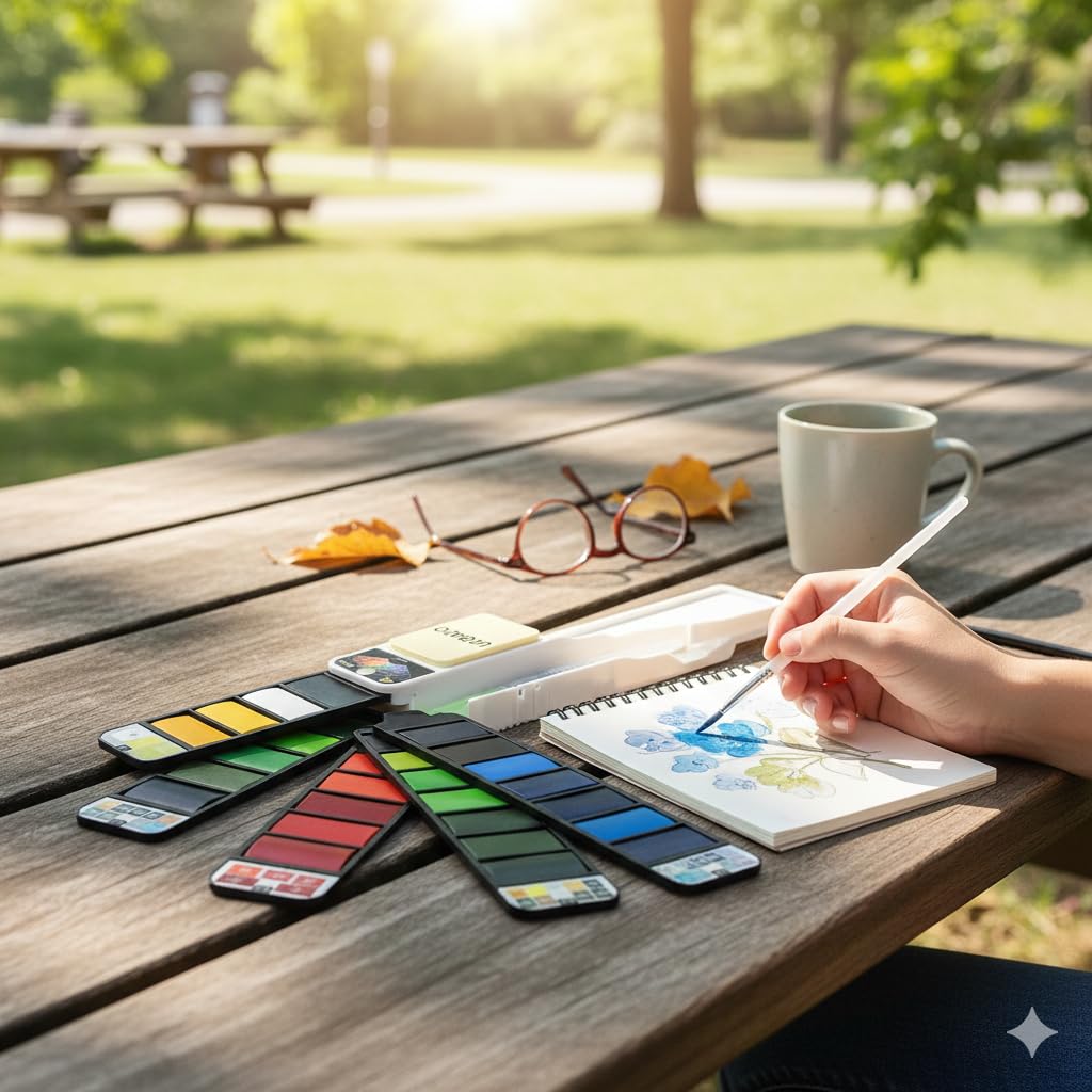 UCRAVO 42 Colors Solid Watercolor Paint Set with Water Brush Pen Portable Travel Watercolour Palette for Artists, Students, Beginners & Professionals | High Pigment, Non-Toxic, Smooth Blending Paints