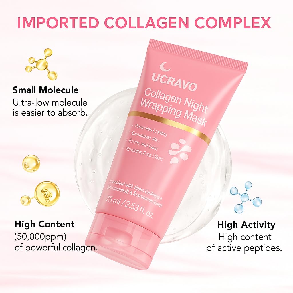 UCRAVO 1 PC Collagen Overnight Wrapping Mask Collagen Overnight Peel Off Facial Mask | Elasticity & Hydration Care, Reduces Sagging & Dullness | Hydrolyzed Collagen For Glowing Skin | Korean Skin Care