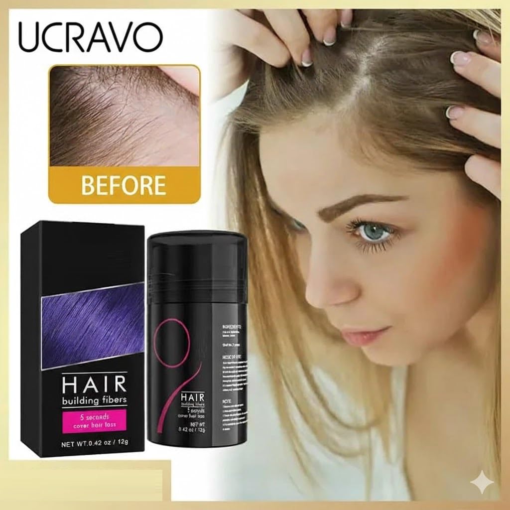 UCRAVO Hair Building Fibers for Men & Women – Instant Hair Loss Concealer for Thinning Hair – Natural Keratin Fibers for Bald Spots, Receding Hairline & Crown – Long Lasting, Sweat Resistant – 12g