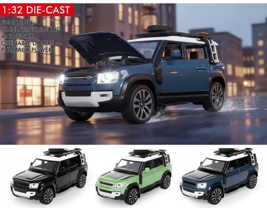 UCRAVO 1:32 Scale Range Rover Defender Alloy Metal Die Cast Car | Pull Back Toy Vehicle with Light & Music Openable Doors Premium Miniature Model Car Collectible Metal Toy Gift for Children & Adults