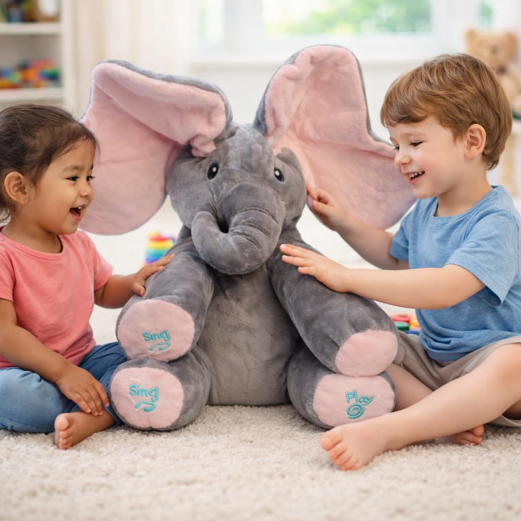 UCRAVO Singing Interactive Musical Elephant Plush Toy Peek A Boo Animal with Moving Ears,Talking Singing Baby Elephant Soft Cuddle Toy for Toddler Kid Boys Girls, Sensory Educational Gift for Infants