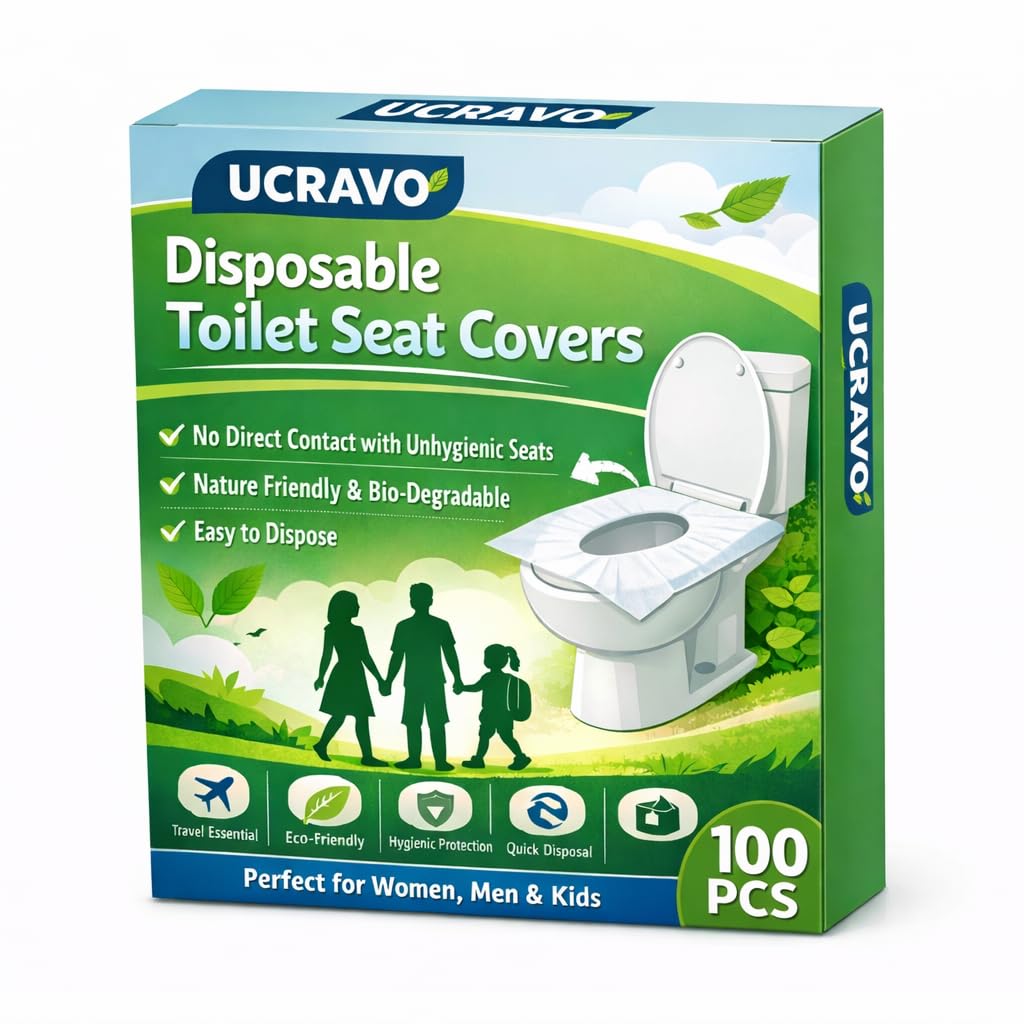 UCRAVO 100Sheet Disposable Toilet Seat Covers Say No Direct Contact With Unhygienic Seats, Protect Against Germs for Public Toilets, Travel Essentials, Nature Friendly Bio-Degradable Liners