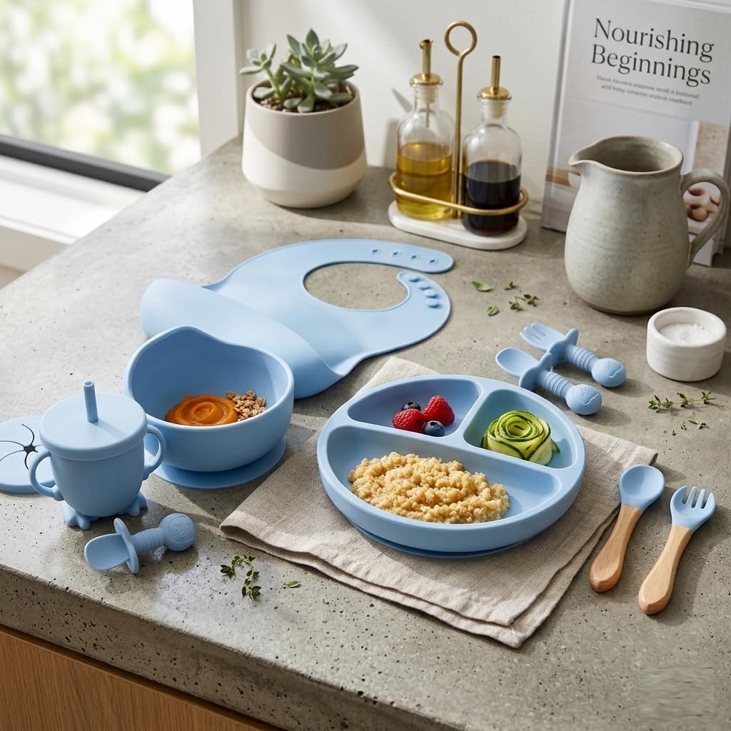 UCRAVO Blue Baby Feeding Set – Silicone Baby Led Weaning Feeding Kit with Adjustable Baby Bib,Suction Plate Divider,Suction Bowl,Straw Training Cup,Baby Spoon Fork Utensils,Self Feeding Tableware Set