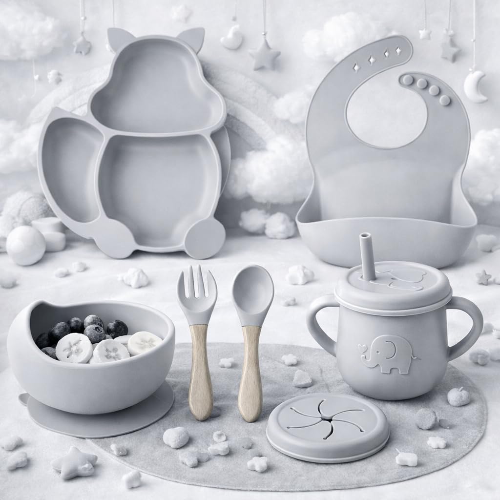 UCRAVO Grey Silicone Baby Feeding Set 6PCS Toddler Dinnerware Set with Strong Suction Bowl & Divided Plate, Adjustable Waterproof Bib with Food Catcher, Spill Proof Straw Sippy Cup, Baby Spoon & Fork
