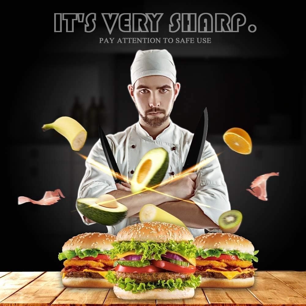 UCRAVO 6Pc Kitchen Knife Set with Covers,StainlessSteel Black Coated Knives, Professional Chef for Home Cooking, Vegetable, Fruit Prep, Ergonomic Handle,Rust Resistant Cutting Tools