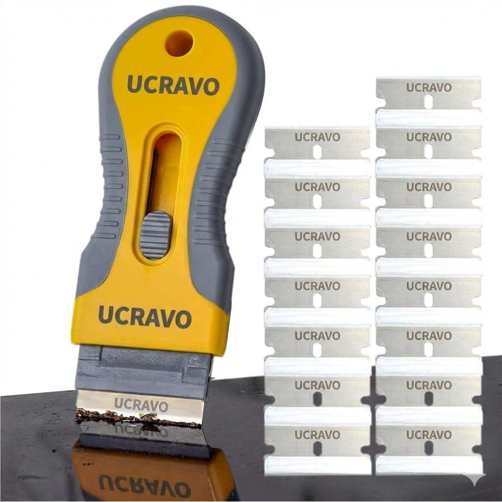 UCRAVO Heavy Duty Glass Scraper Tool with 15 Razor Blades | Multi-Purpose Stove Top & Cooktop Cleaner | Ceramic Glass Hob, Induction Plate, Window, Sticker & Paint | Rust & Burnt Food Remover