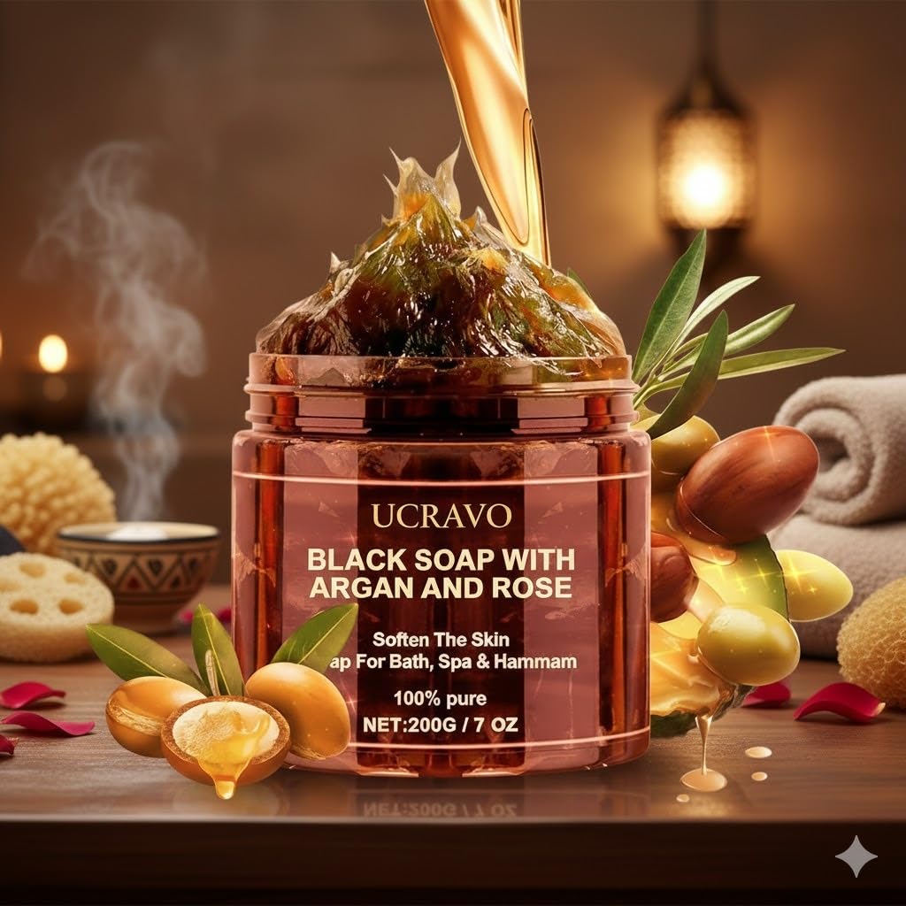 UCRAVO Moroccan Beldi Soap 200g | Natural Organic Black Soap for Body Scrub, Spa & Hammam Rituals | Deep Exfoliating Skin Cleanser Removes Dead Skin Cells | Traditional Moisturizing Savon Noir