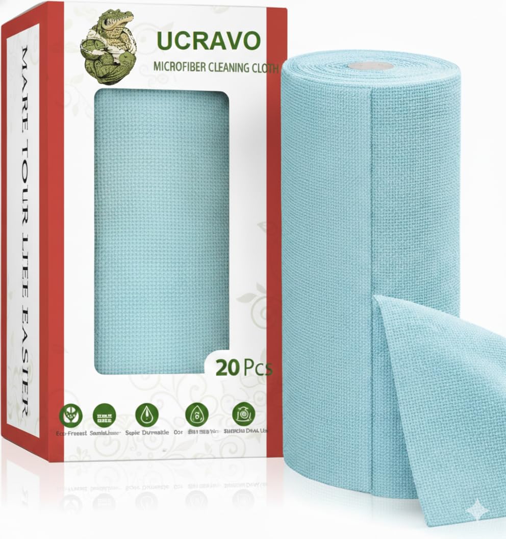UCRAVO Blue Microfiber Cleaning Cloth Roll - 20 Tear-Away Sheets | Reusable & Washable Cleaning Rags for Home Kitchen Surfaces Garage & Auto Detailing | High Absorbent Car Wash Dishes Cleaning Towels