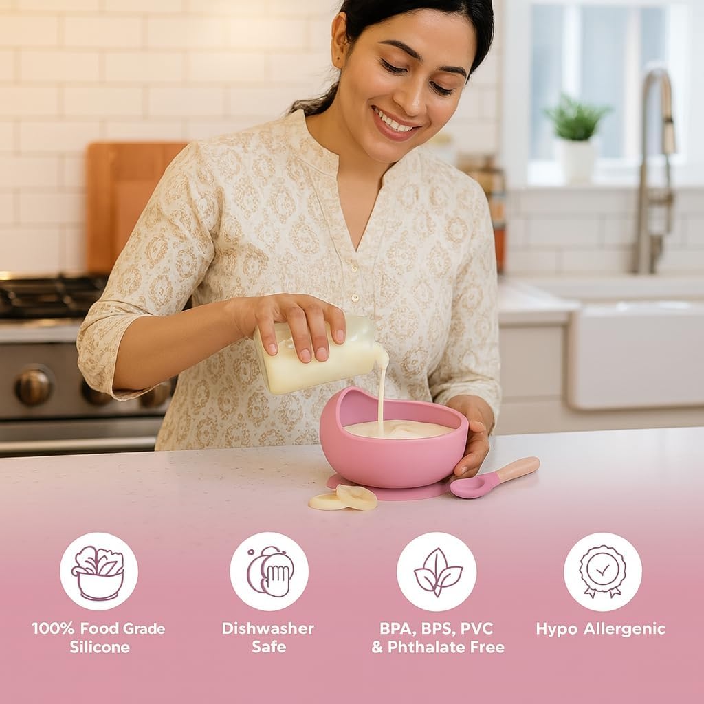 UCRAVO Pink Baby Feeding Bowl & Spoon Set | Silicone Suction Bowl for Baby Food | BPA Free Toddler Bowl | Anti-Spill Design Baby Led Weaning Self Feeding Set | Infant Silicone Bowl with Spoon