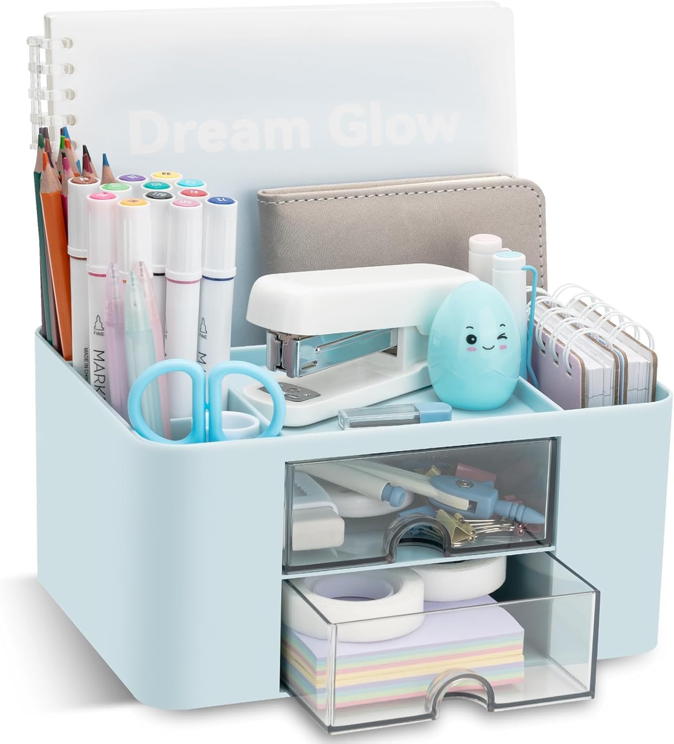 UCRAVO Stylish Stackable Desk Organizer with 2 Drawers and 5 Compartments– Multi-Functional Desktop Storage Box with Pen Holder for Home, Office, School, Craft Supplies, and Art Stationery - Blue