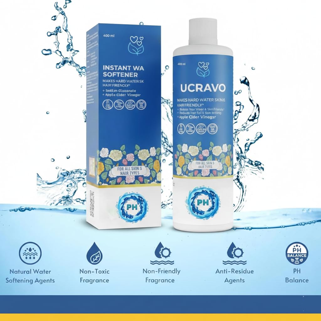 UCRAVO Instant Water Softener for Hard Water Shower Hair &Skin Friendly pH Balanced Formula with Sodium Gluconate & Apple Cider Vinegar Reduces Hair Fall,Dandruff,Dry Skin & Itching Skin & Hair Types