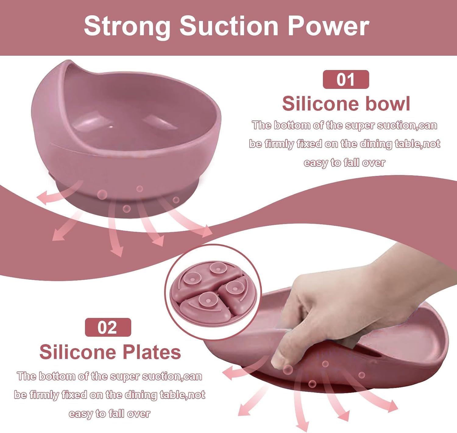 UCRAVO Baby Silicone Feeding Set 6 PCS – Pink Baby Girl Weaning Kit with Suction Bowl, Section Plate, Soft Silicone Bib, Sippy Cup with Handles, Spoon & Fork | Infant & Toddler Feeding Essentials