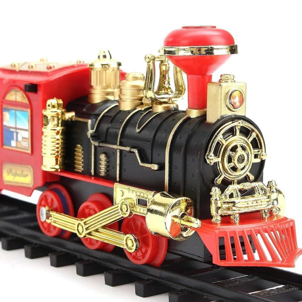 UCRAVO Electric Toy Train Set with Real Smoke, Lights Sound Steam Engine Railway Track Set for Kids 3+ Years, Battery Operated Classic Train with Cargo Coaches,Musical Train Toy Gift for Boys & Girls