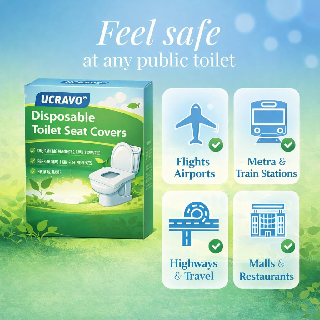 UCRAVO 100Sheet Disposable Toilet Seat Covers Say No Direct Contact With Unhygienic Seats, Protect Against Germs for Public Toilets, Travel Essentials, Nature Friendly Bio-Degradable Liners