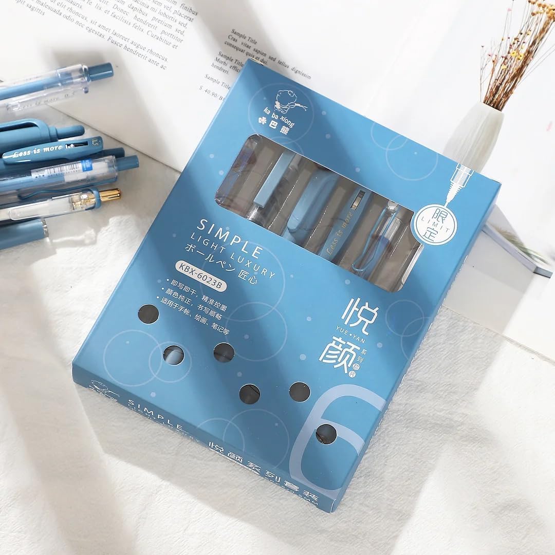 UCRAVO Pastel Gel Pens Highlighter Set, Aesthetic School Supplies 5PCS Retractable Blue Ink Pens with 1PCS Highlighter 5PCS Refills, 0.5mm Fine Points Pen for School Writing Planner Marker- BLUE