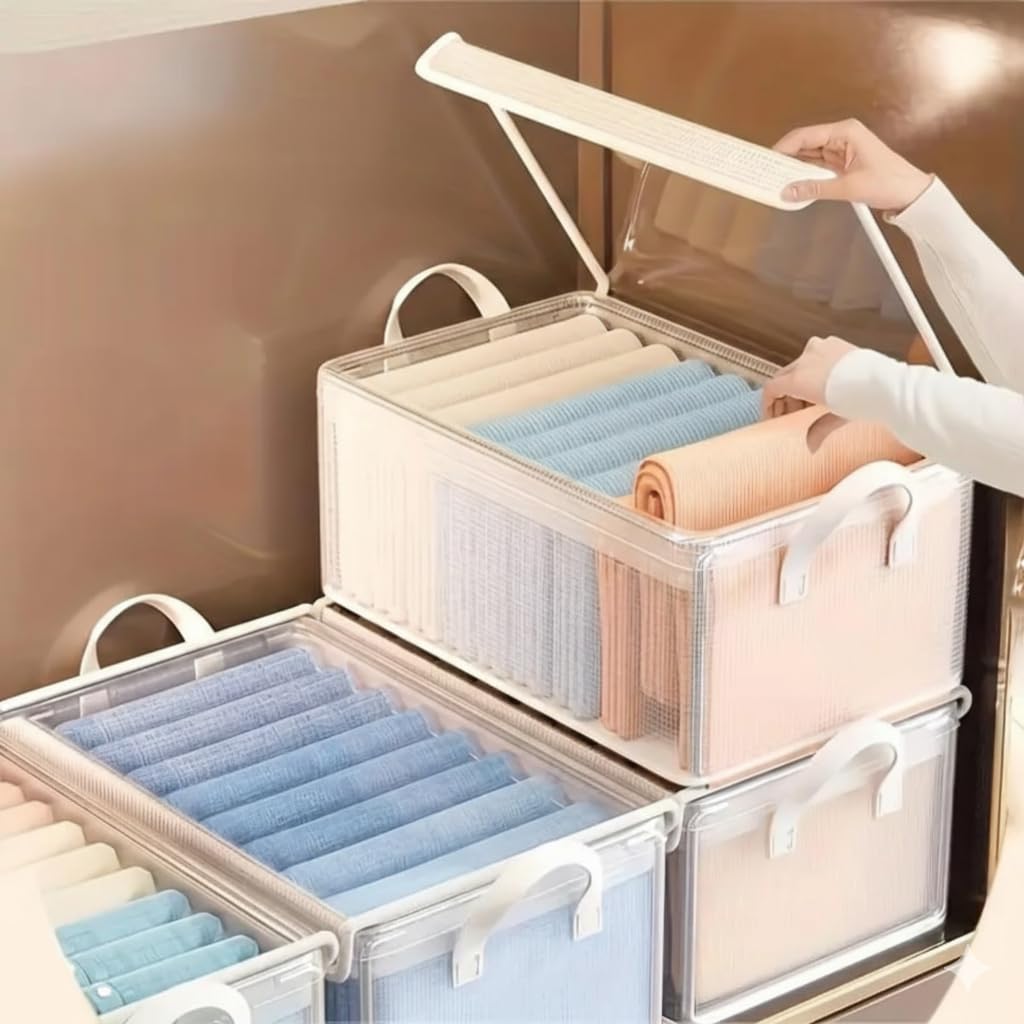 UCRAVO 8 PCS Storage Organizer Boxes with Lids for Wardrobe Foldable Clothes Storage Box with Handle | Fabric Closet Organizer for Sarees, Jeans, T-Shirts, Towels Cupboard, Bedroom & Home Storage Bins