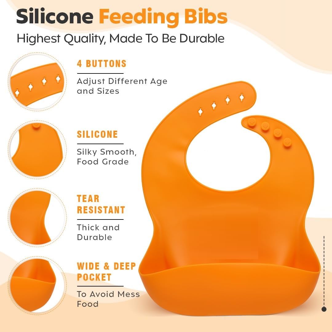 UCRAVO Vibrant Orange Silicone Bib with Extra Wide Food Pocket – Leakproof Toddler Feeding Bib – Soft Adjustable Neck Strap – BPA-Free Dishwasher Safe Silicone Bib for Messy Eaters