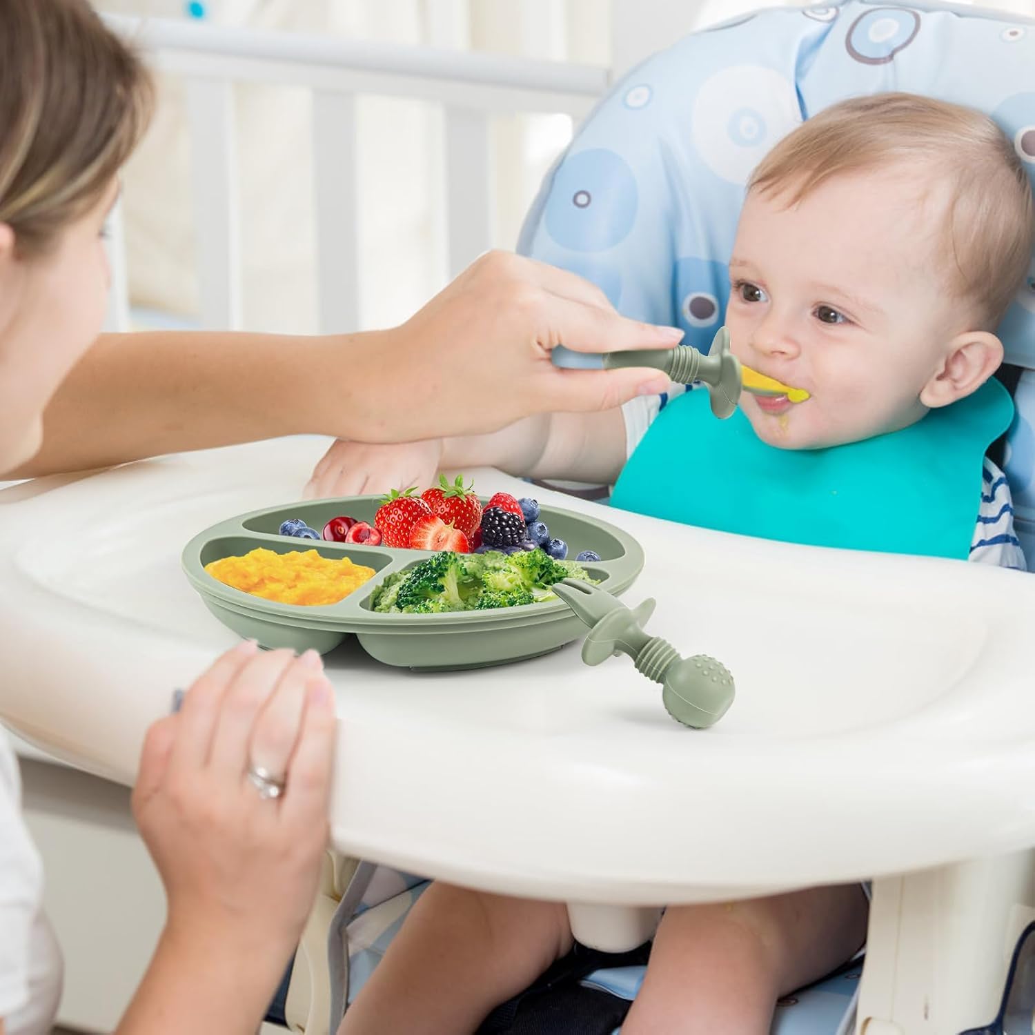 UCRAVO Baby Silicone Feeding Set Green 9PCS Baby Led Weaning Set with Adjustable Silicone Bib, Suction Divided Plate, Suction Bowl, Training Cup with Straw,Spoon Fork Set,BPA Free Toddler Feeding Set