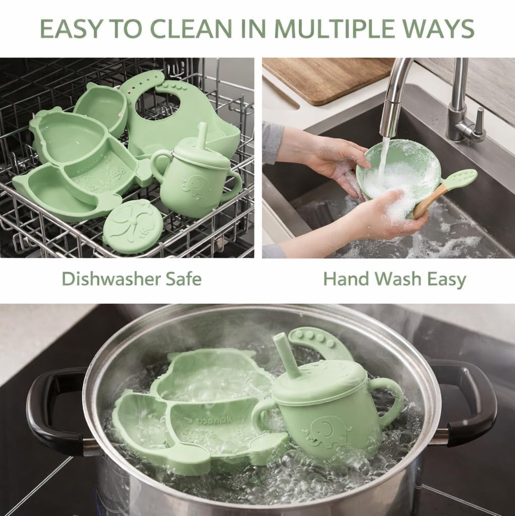 UCRAVO Green Silicone Baby Feeding Set 6 Piece Toddler Feeding Supplies with Anti Slip Suction Bowl & Plate, Waterproof Adjustable Bib,Resistant Straw Cup, Baby Training Spoon & Fork for Self Feeding