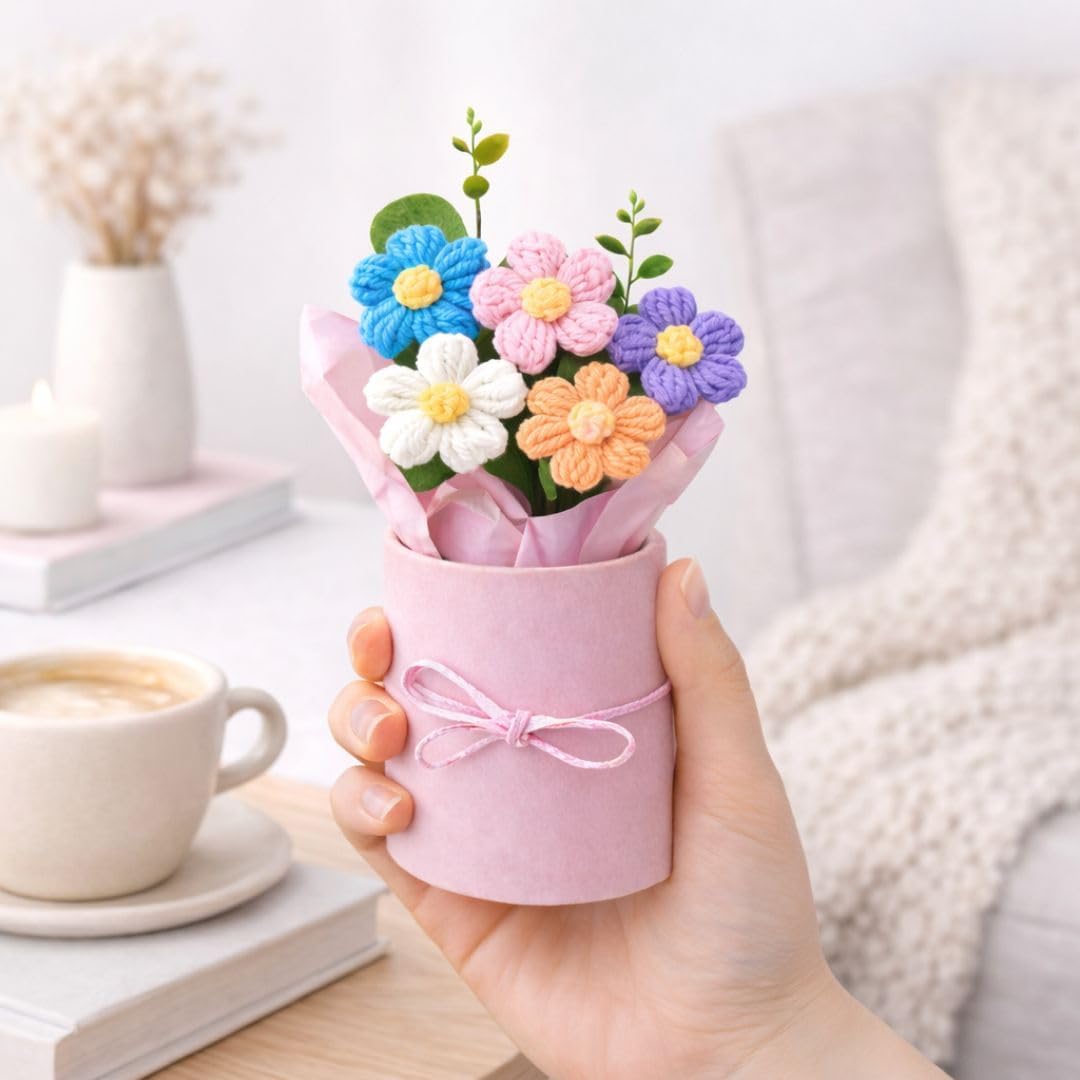 UCRAVO Artificial Crochet Flower Bouquet Multicolor Daisy – Handmade Knitted Flower Bouquet with Pot, Cute Mini Artificial Flower Arrangement for Desk Decor, Room Decoration, Gift for Girls & Friends