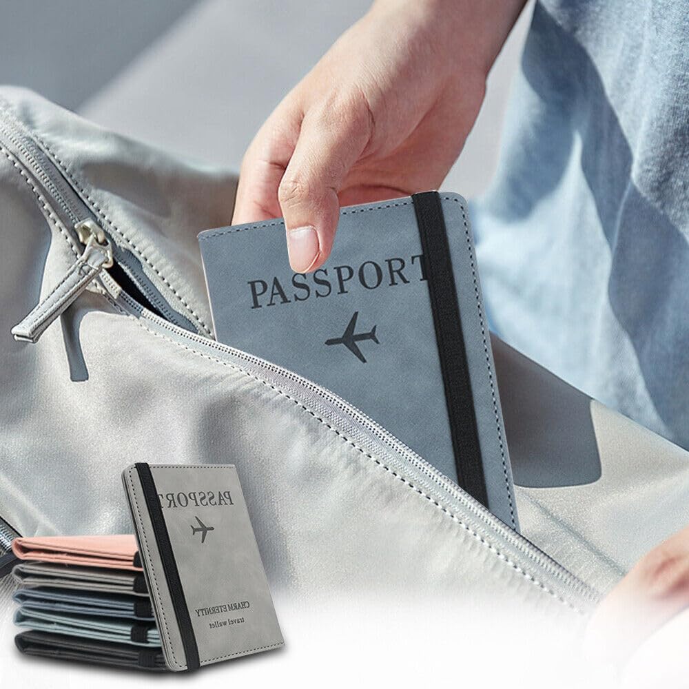 UCRAVO Passport and Card Holder Cover, PU Leather Travel Wallet RFID Passport Holder for Women and Men, Exquisite RFID Blocking Wallet Elastic Strap, Portable Passport Case for Business, Travel(Gray)