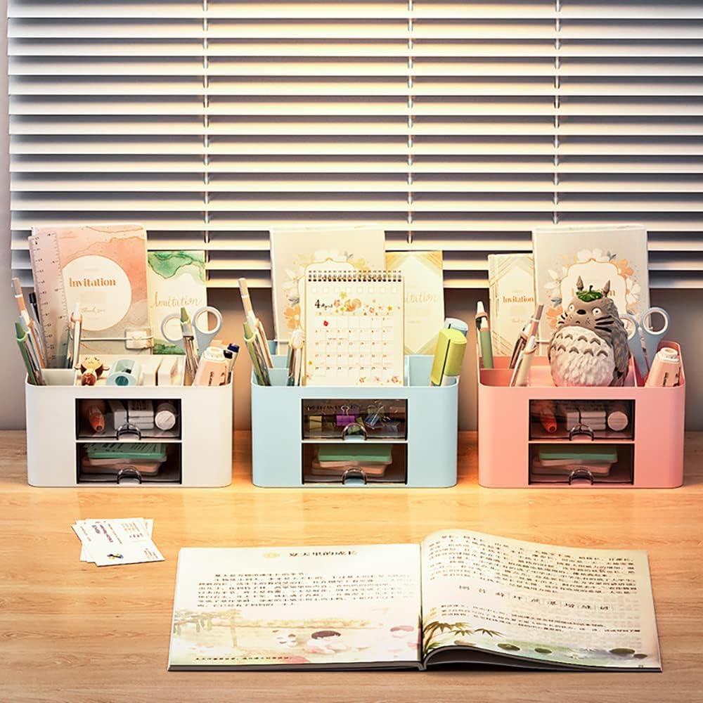 UCRAVO Stylish Stackable Desk Organizer with 2 Drawers and 5 Compartments– Multi-Functional Desktop Storage Box with Pen Holder for Home, Office, School, Craft Supplies, and Art Stationery - Blue