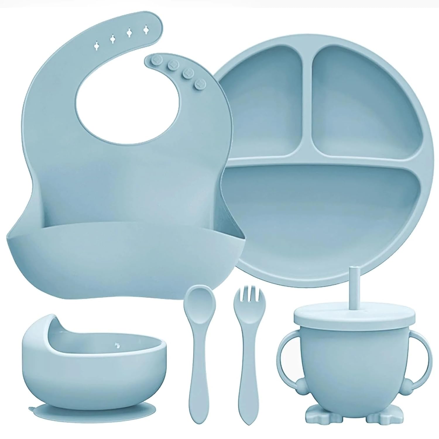 UCRAVO Baby Silicone Feeding Set 6 PCS – Blue Baby Weaning Suction Bowl,Divided Plate,Bib with Food Catcher,Training Cup with Straw,Spoon & Fork Baby Mealtime Dinnerware Set for Boys & Girls BPA Free